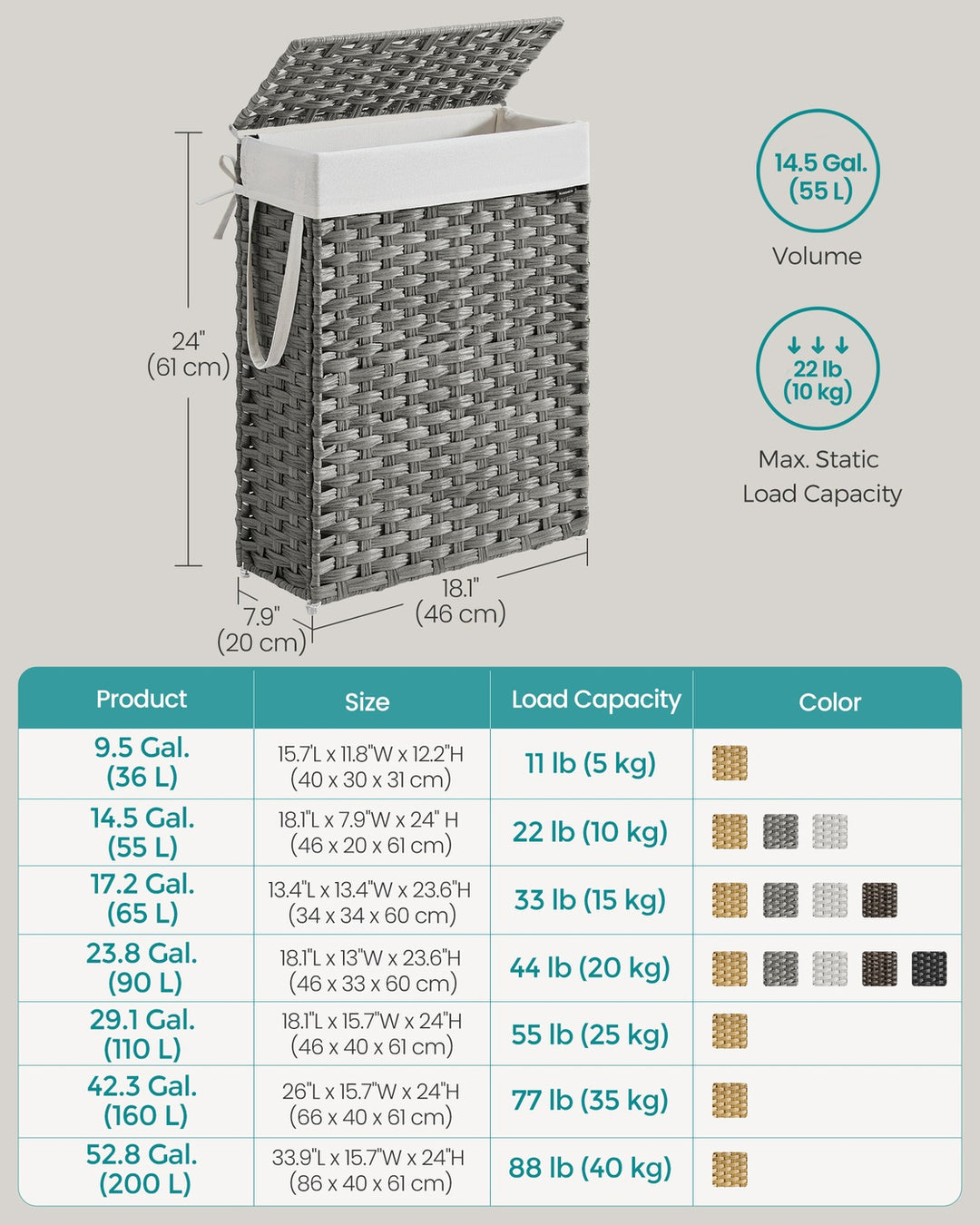 Slim Laundry Hamper with Lid - Dove Gray