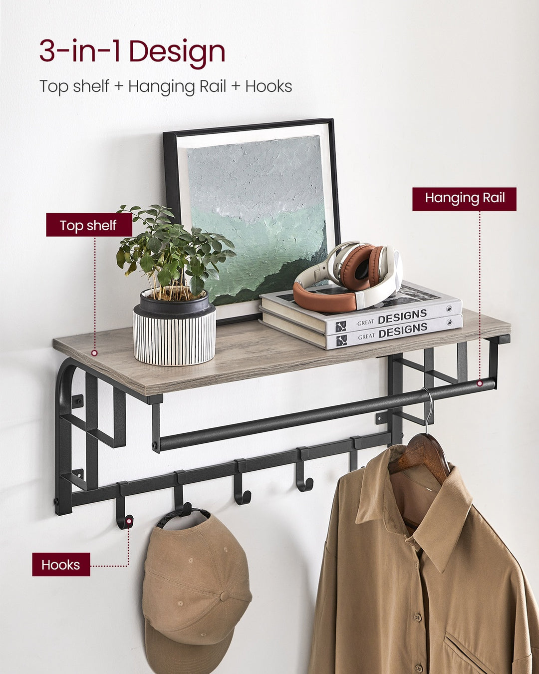 Coat Rack Wall-Mounted Greige and Black