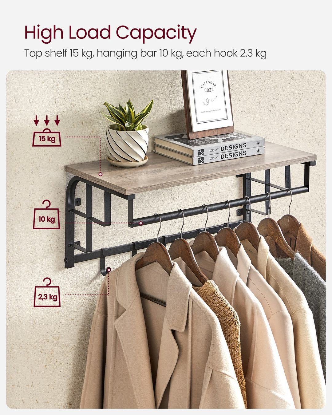 Coat Rack Wall-Mounted Greige and Black