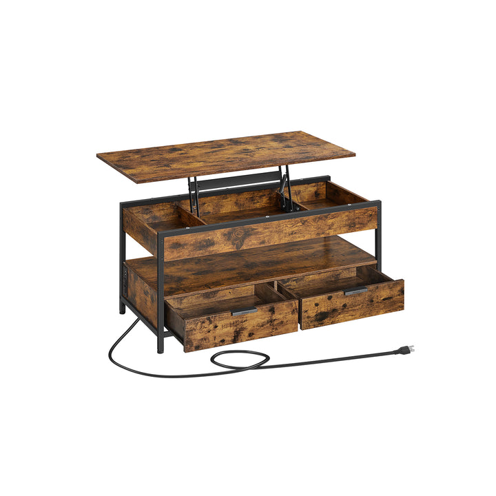 Lift Top Coffee Table with Storage Drawers and Charging Station - Rustic Brown