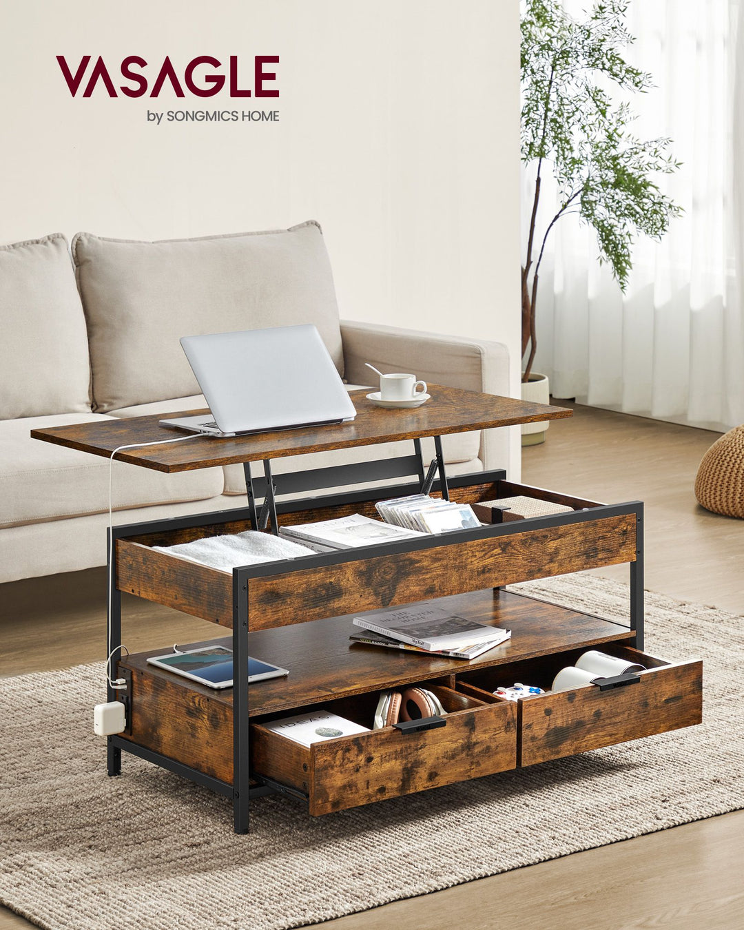 Lift Top Coffee Table with Storage Drawers and Charging Station - Rustic Brown