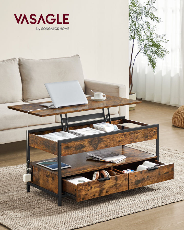 Lift Top Coffee Table with Storage Drawers and Charging Station - Rustic Brown