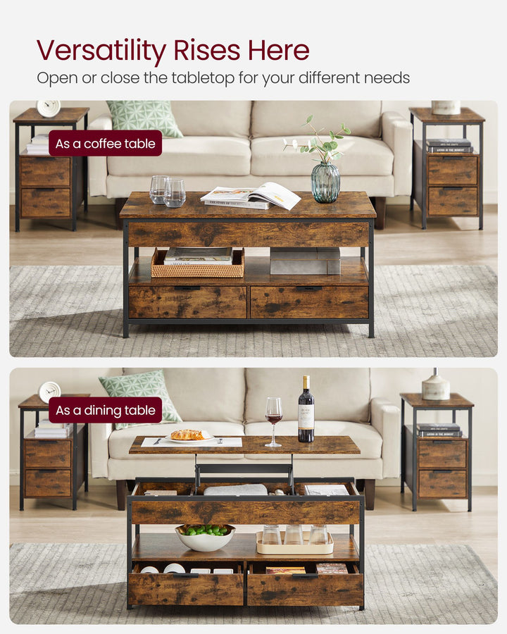 Lift Top Coffee Table with Storage Drawers and Charging Station - Rustic Brown