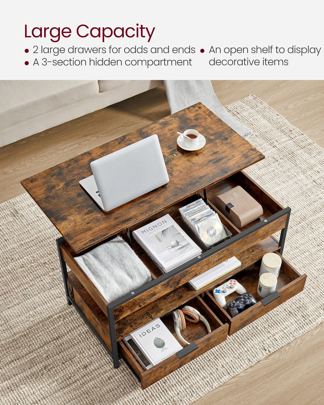 Lift Top Coffee Table with Storage Drawers and Charging Station - Rustic Brown