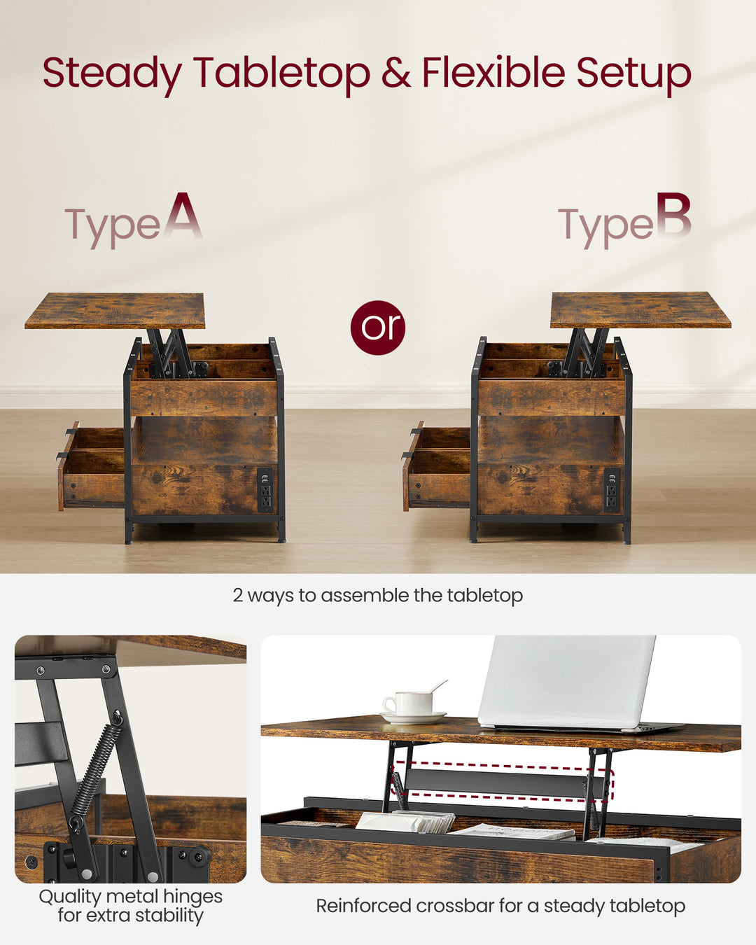 Lift Top Coffee Table with Storage Drawers and Charging Station - Rustic Brown