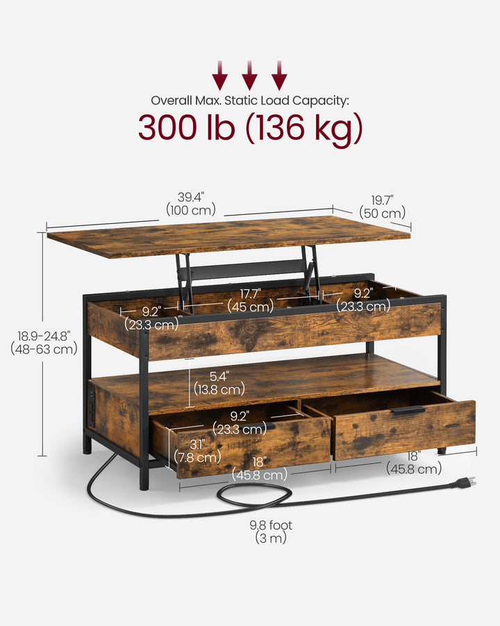 Lift Top Coffee Table with Storage Drawers and Charging Station - Rustic Brown