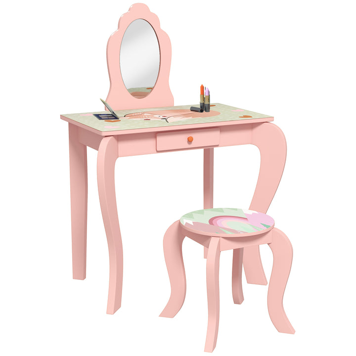 Kids Dressing Table with Mirror and Stool, Girls Vanity Table Makeup Desk with Drawer for 3-6 Years - Pink