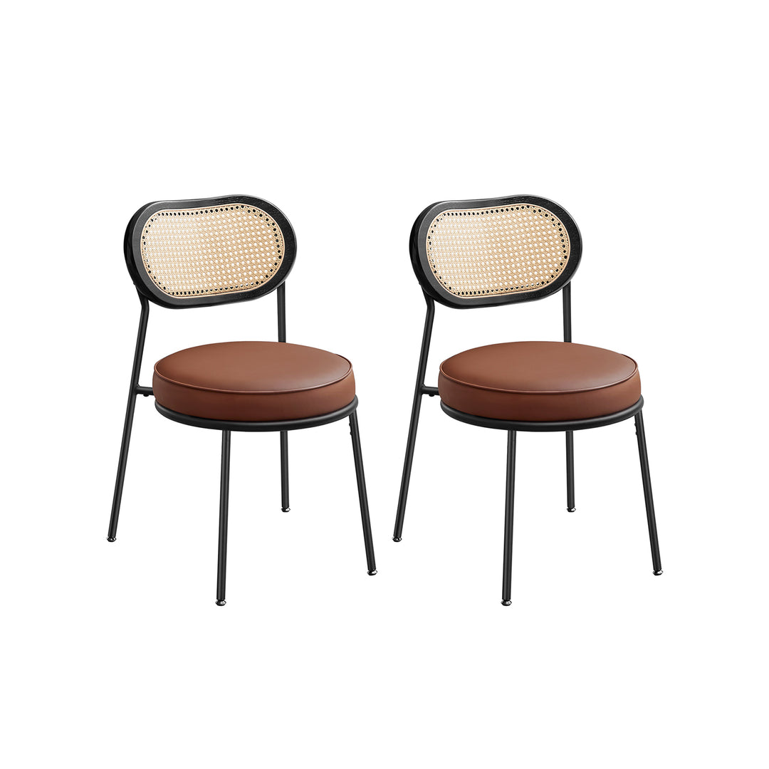 Set of 2 Dining Room Chair with Boho PE Rattan Back - Coffee Brown
