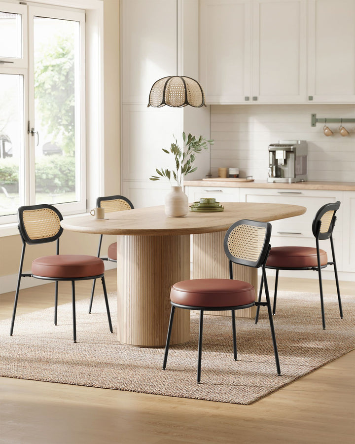 Set of 2 Dining Room Chair with Boho PE Rattan Back - Coffee Brown
