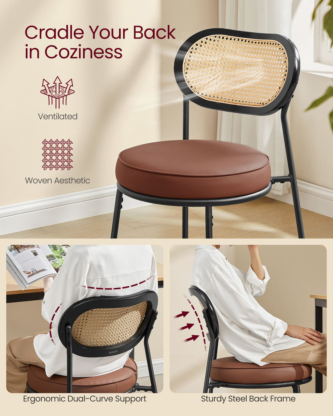 Set of 2 Dining Room Chair with Boho PE Rattan Back - Coffee Brown