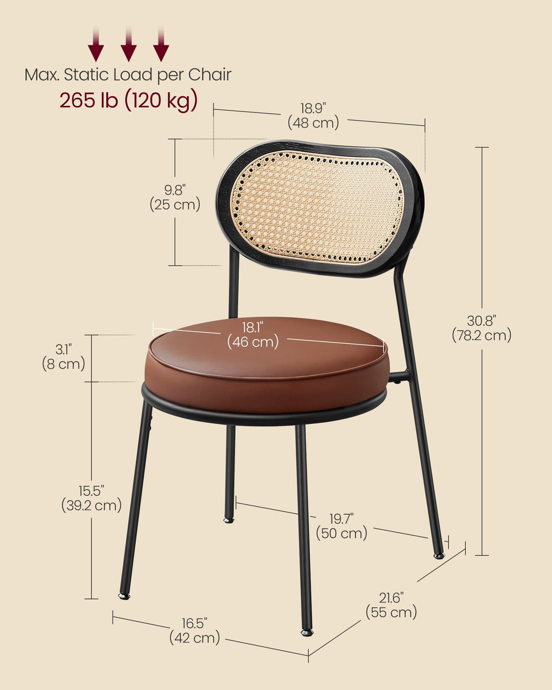 Set of 2 Dining Room Chair with Boho PE Rattan Back - Coffee Brown