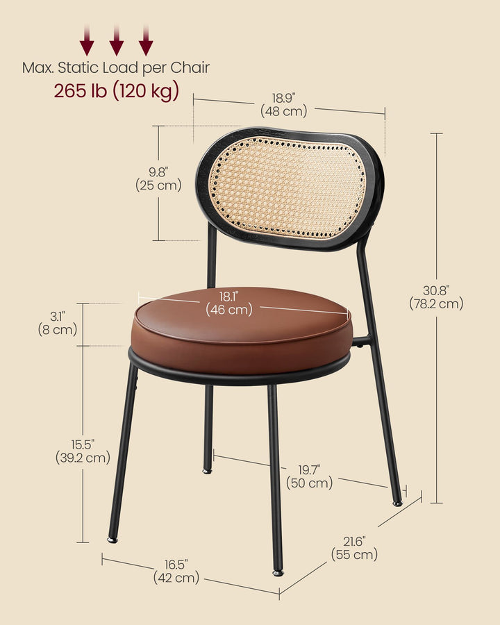Set of 2 Dining Room Chair with Boho PE Rattan Back - Coffee Brown