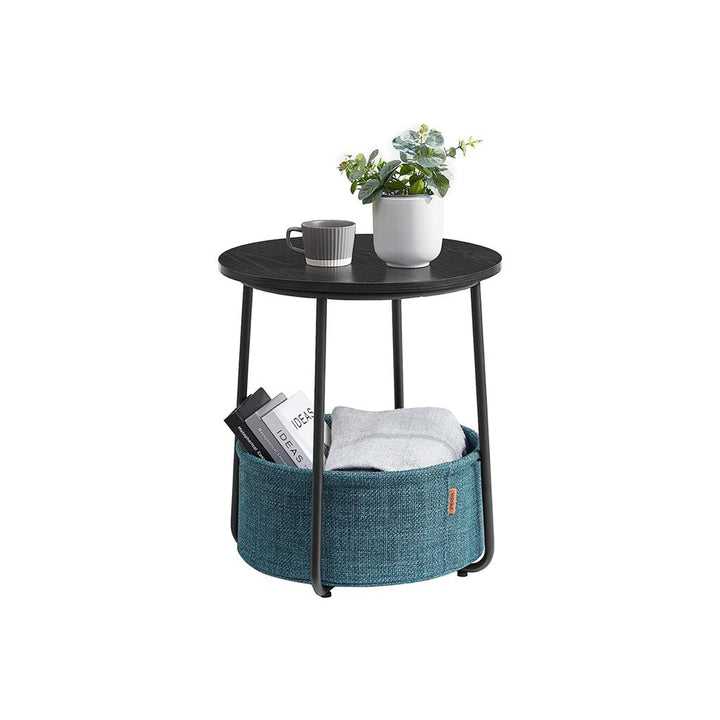Modern Nightstand with Fabric Basket - Black &amp; Wood Grain