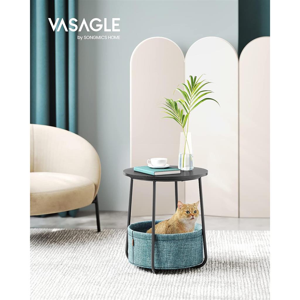 Modern Nightstand with Fabric Basket - Black &amp; Wood Grain