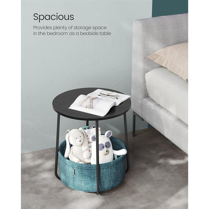 Modern Nightstand with Fabric Basket - Black &amp; Wood Grain