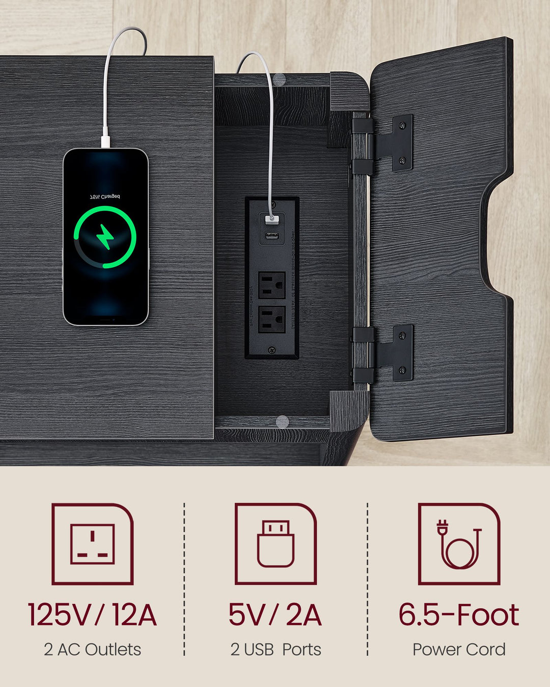 Side Table with Charging Station - Black