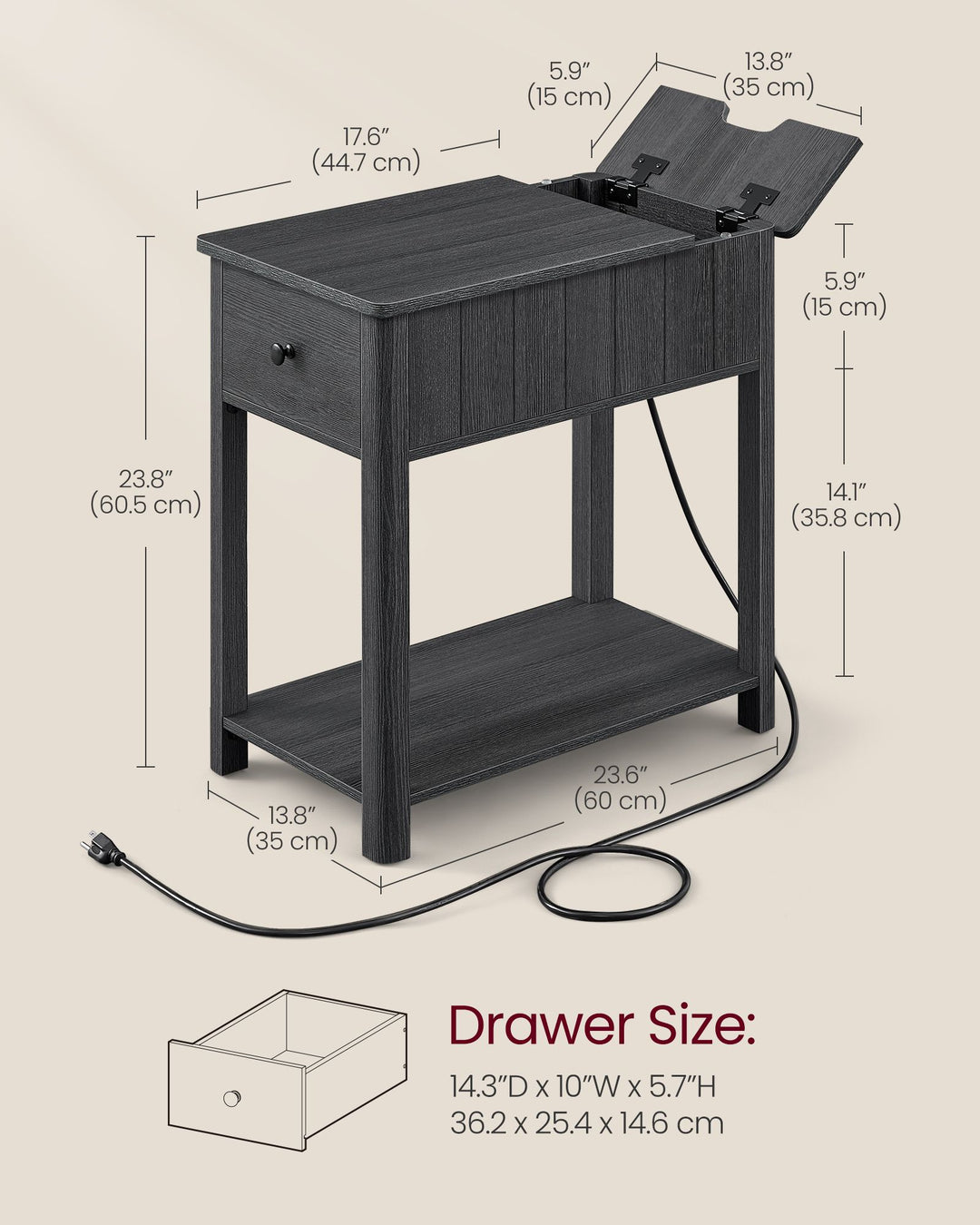 Side Table with Charging Station - Black