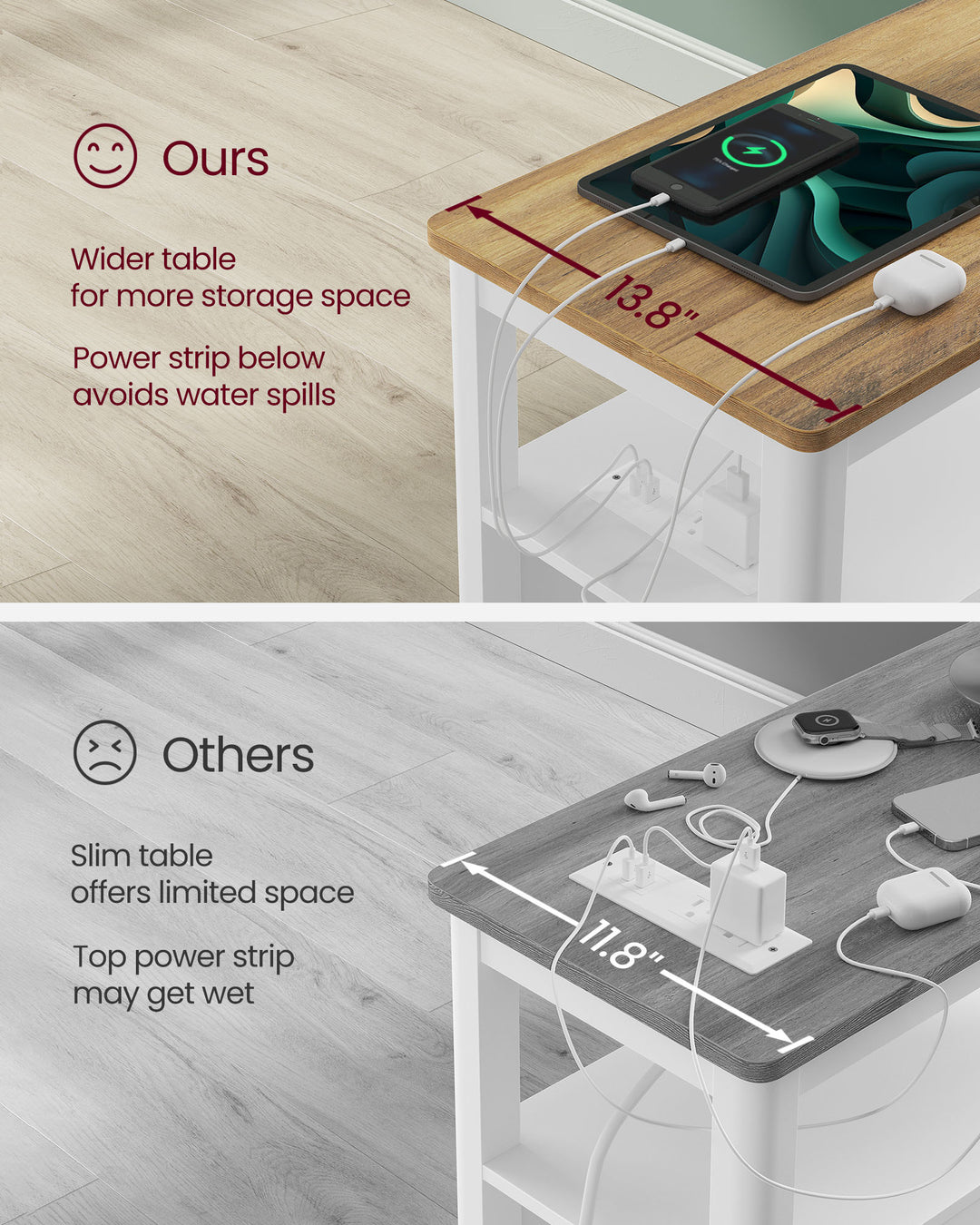 Side Table with Charging Station and 2 Drawers