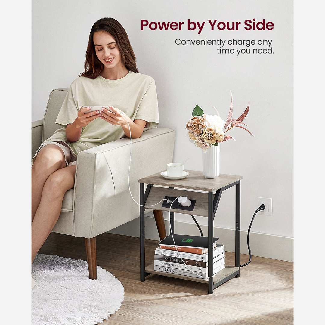Set of 2 End Table with Charging Station - Greige Black