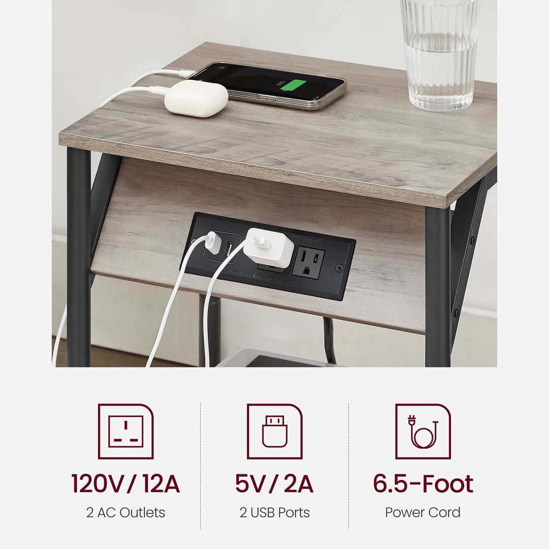 Set of 2 End Table with Charging Station - Greige Black