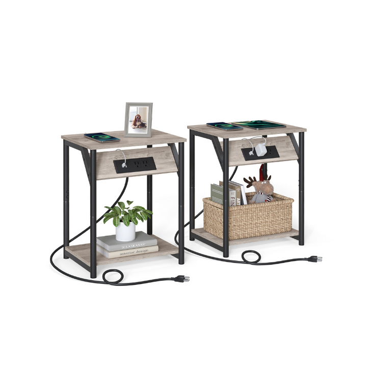 Set of 2 End Table with Charging Station - Greige Black