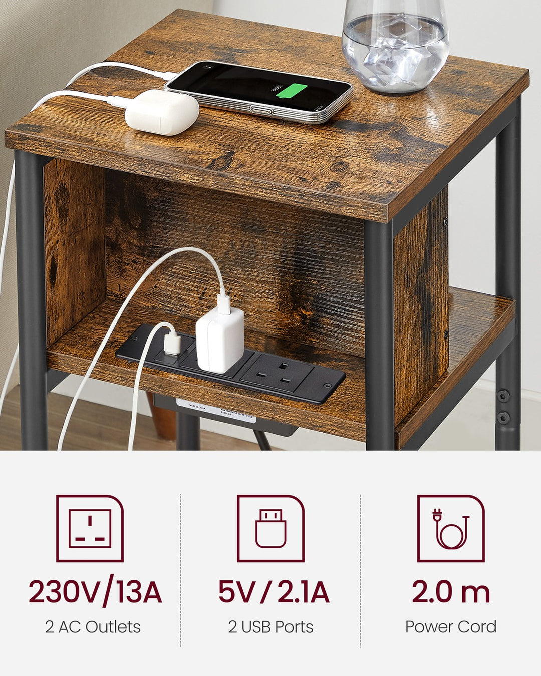 Narrow Bedside Table with Charging Station