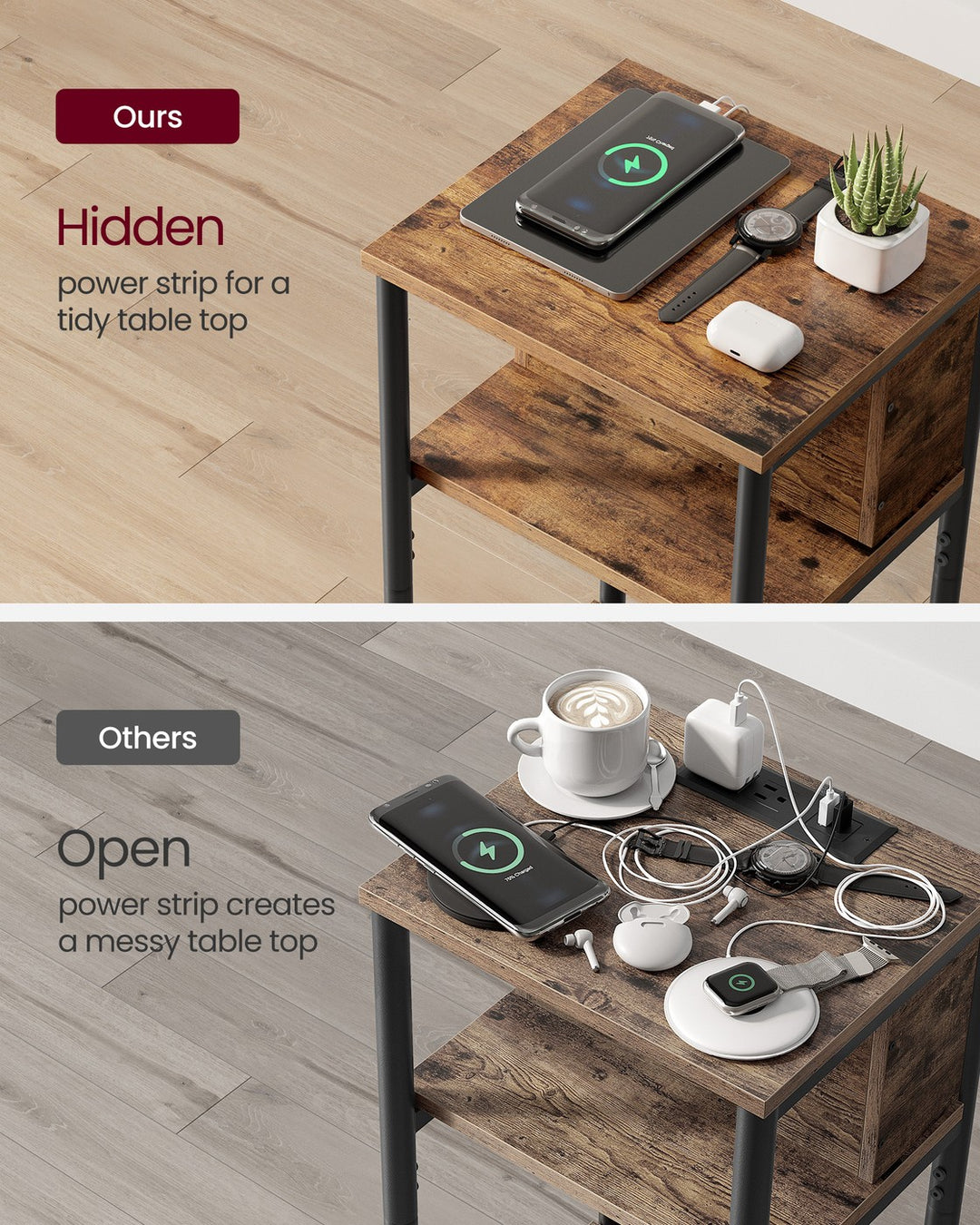 Narrow Bedside Table with Charging Station