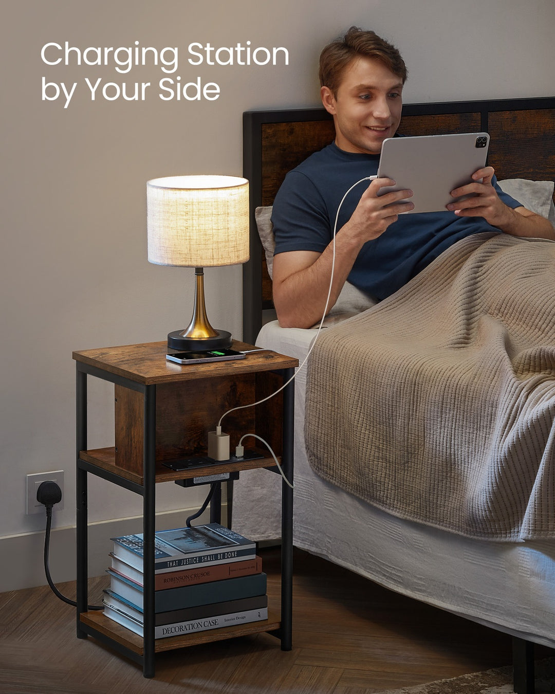 Narrow Bedside Table with Charging Station