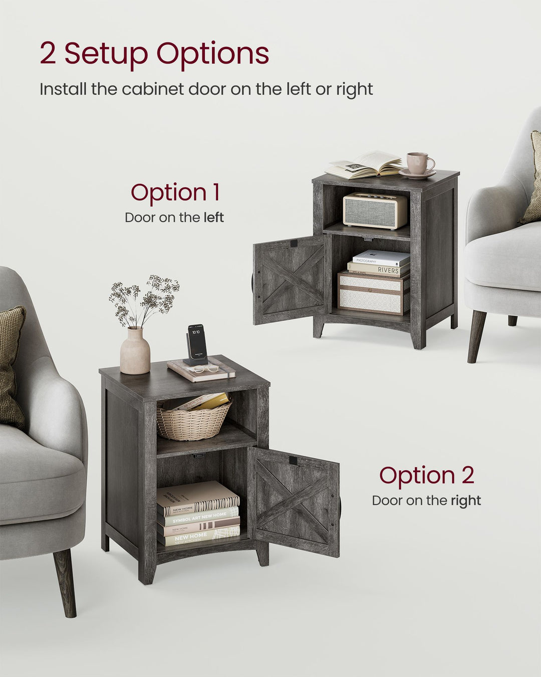 Nightstand with Cabinet and Compartment Misty Gray