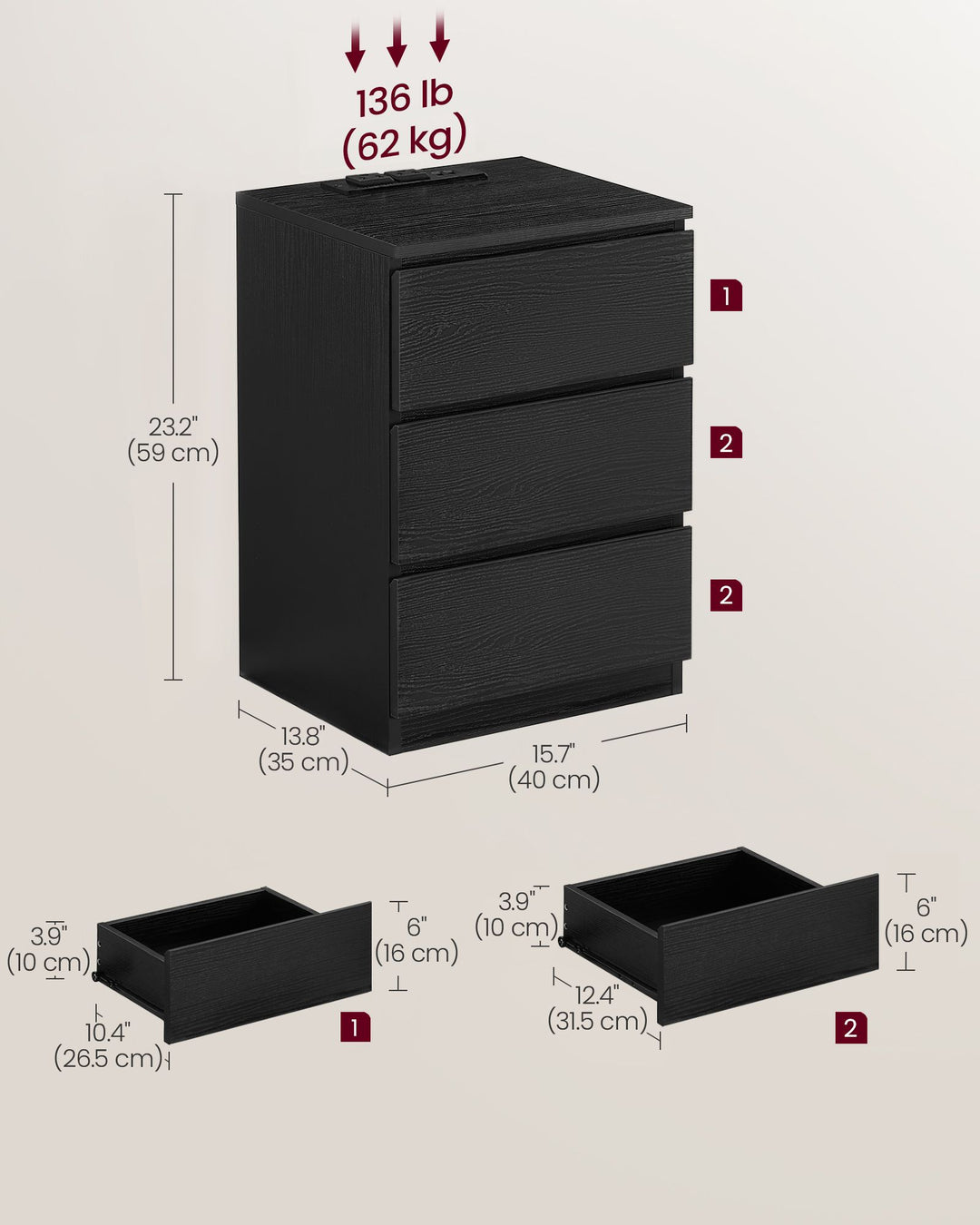 Nightstand with Charging Station - Ebony Black