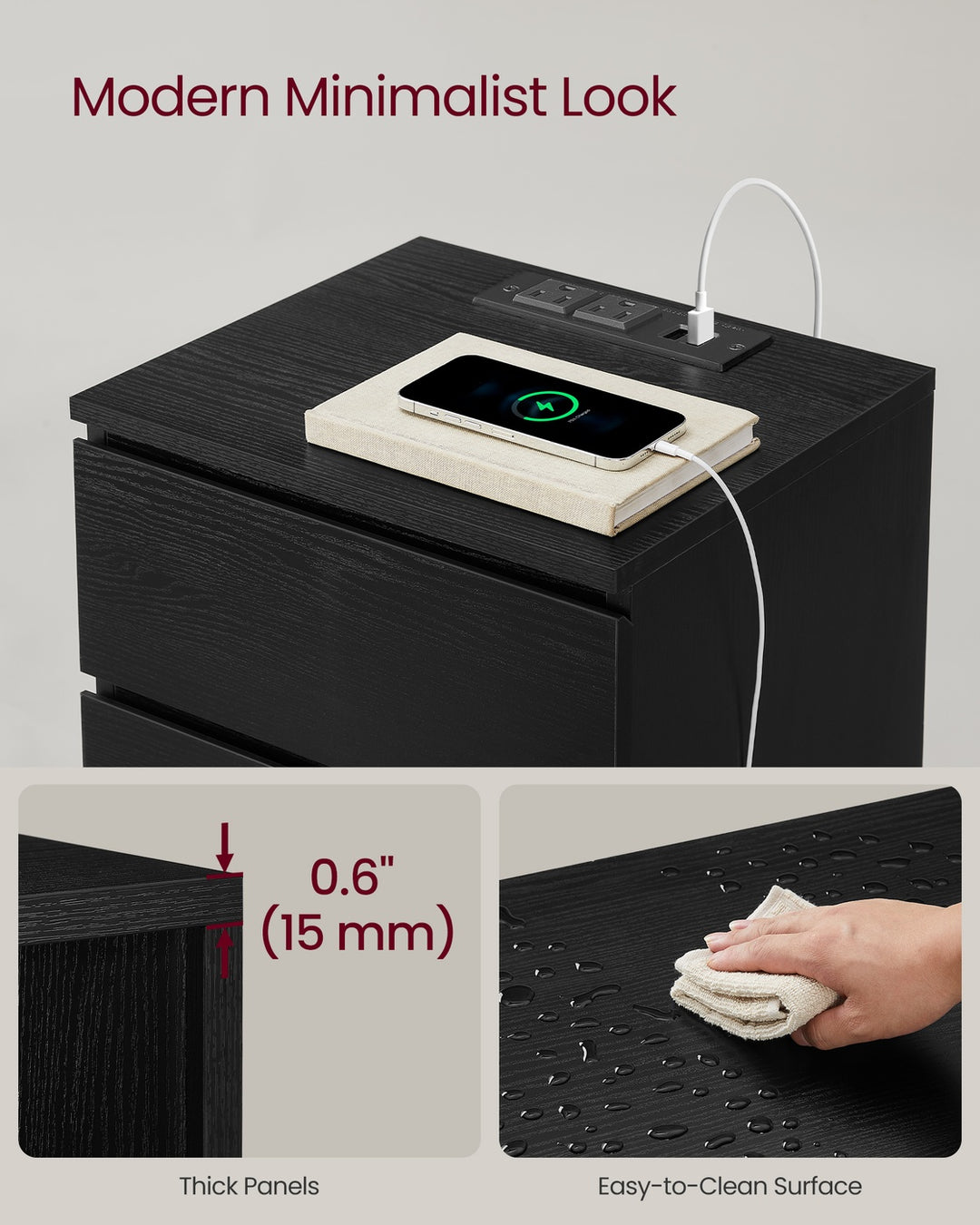 Nightstand with Charging Station - Ebony Black