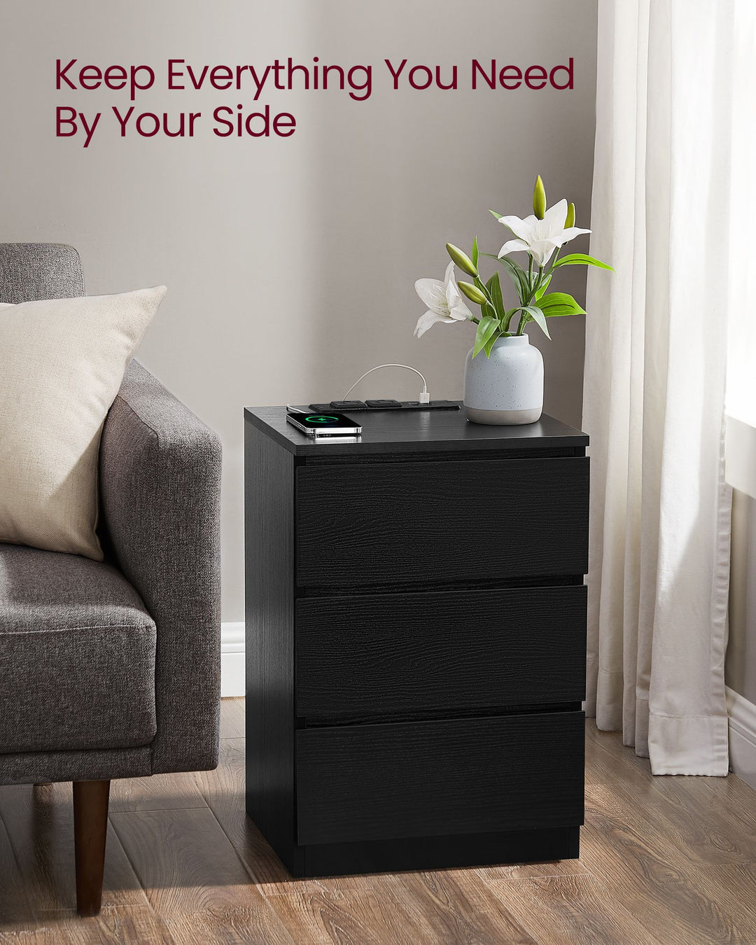 Nightstand with Charging Station - Ebony Black