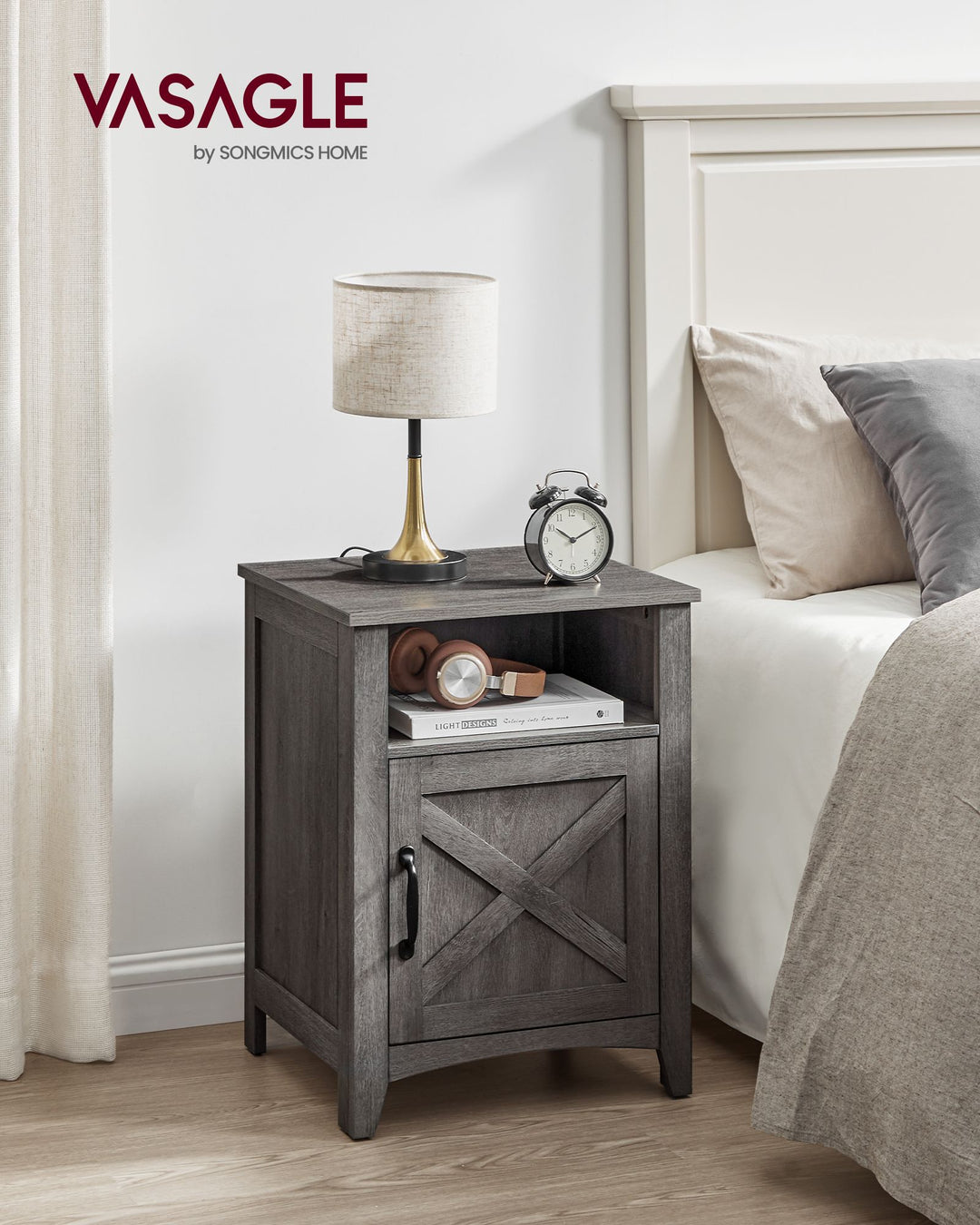 Farmhouse Nightstand with Barn Door - Misty Gray