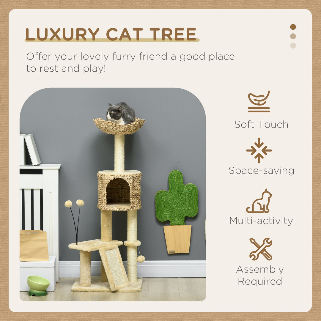 Cat Tree Tower with Scratching Post, Cat House, Bed, Toy Ball, Platform - Beige