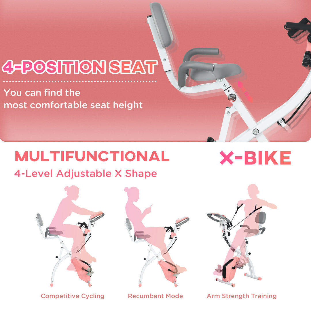 HOMCOM 2-in-1 Upright  Exercise Bike Stationary Foldable Magnetic Recumbent Cycling with Arm Resistance Bands Pink