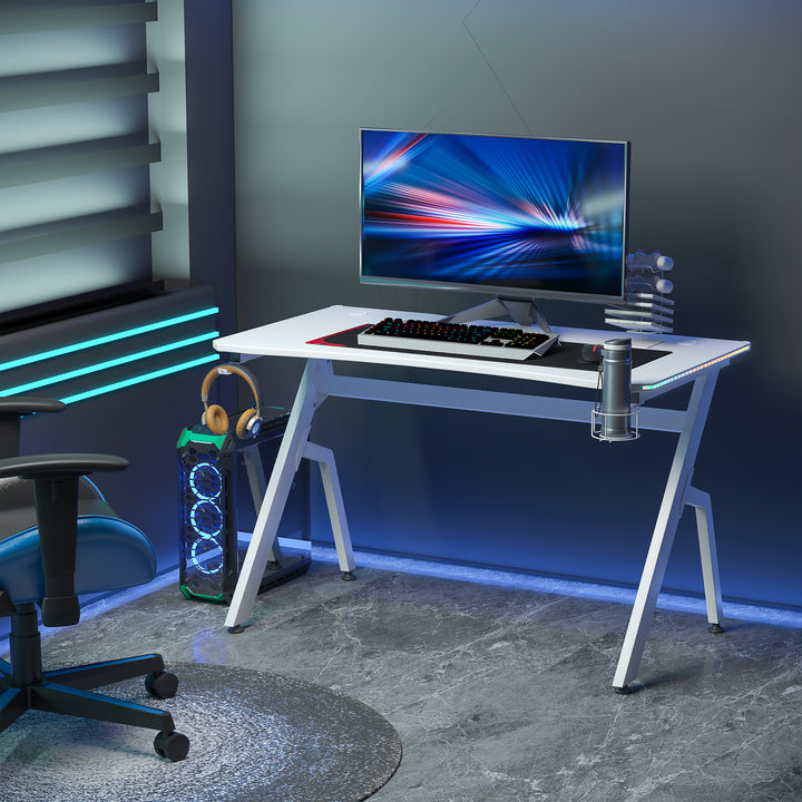 Gaming Desk Racing Style Home Office Ergonomic Computer Table Workstation with RGB LED Lights, Hook, Cup Holder, Controller Rack, White