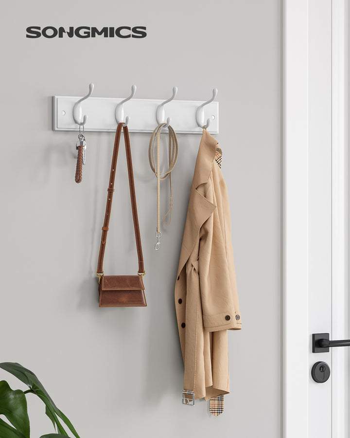 White Wall-Mounted Coat Rack with 4 Metal Hooks