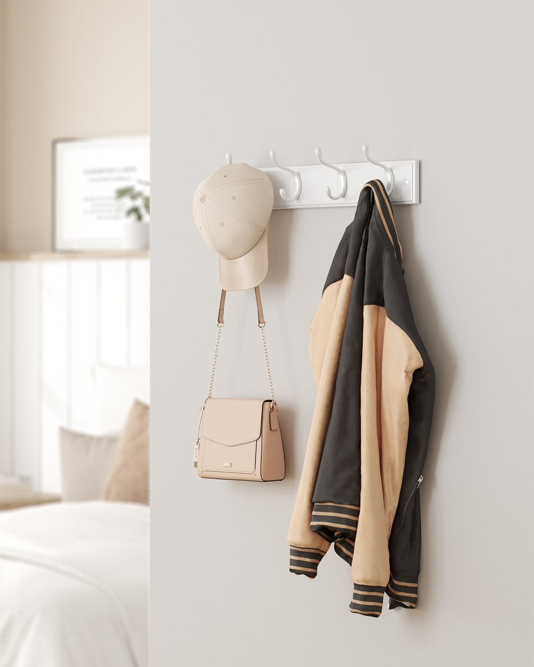 White Wall-Mounted Coat Rack with 4 Metal Hooks