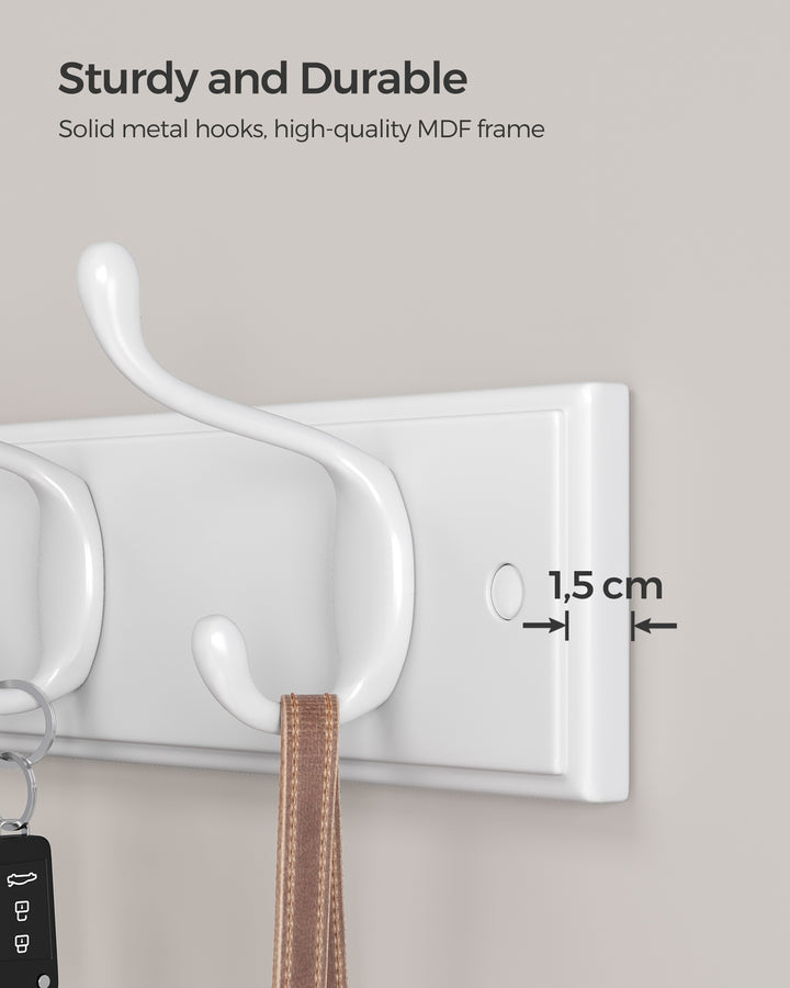 White Wall-Mounted Coat Rack with 4 Metal Hooks