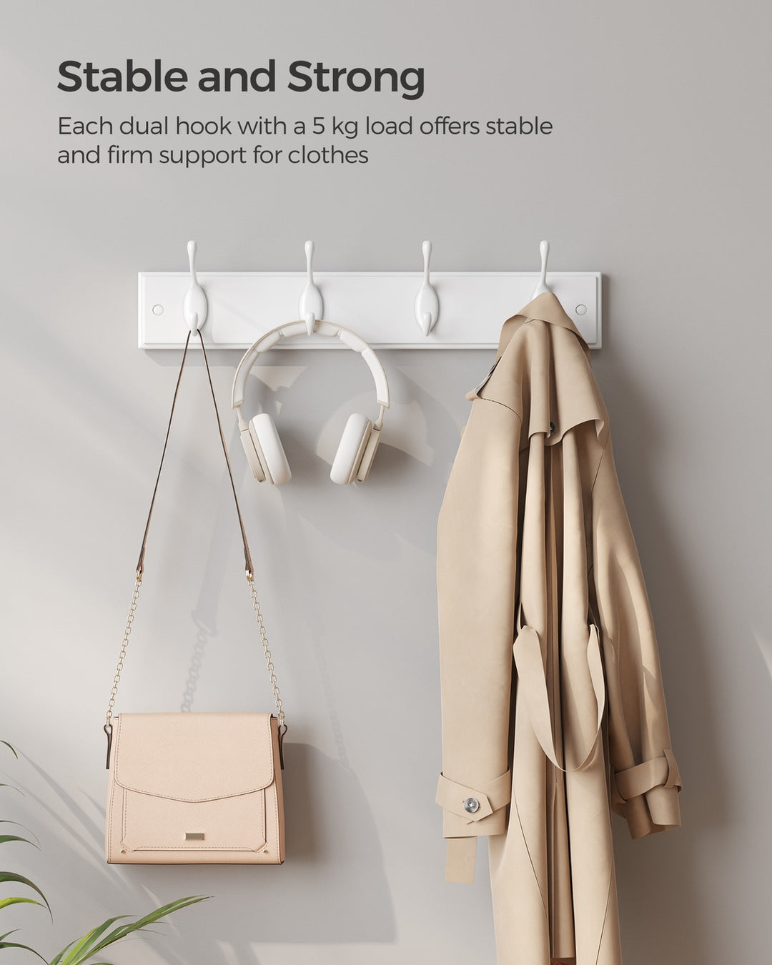 White Wall-Mounted Coat Rack with 4 Metal Hooks