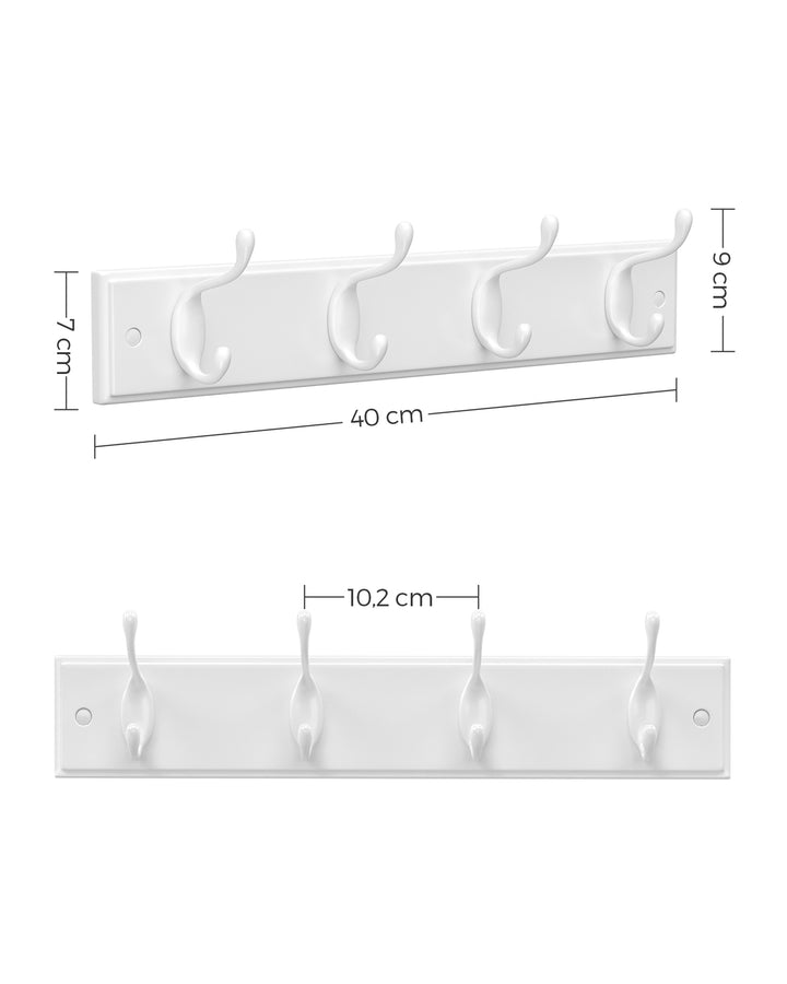 White Wall-Mounted Coat Rack with 4 Metal Hooks