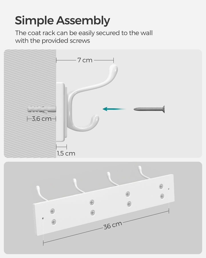 White Wall-Mounted Coat Rack with 4 Metal Hooks
