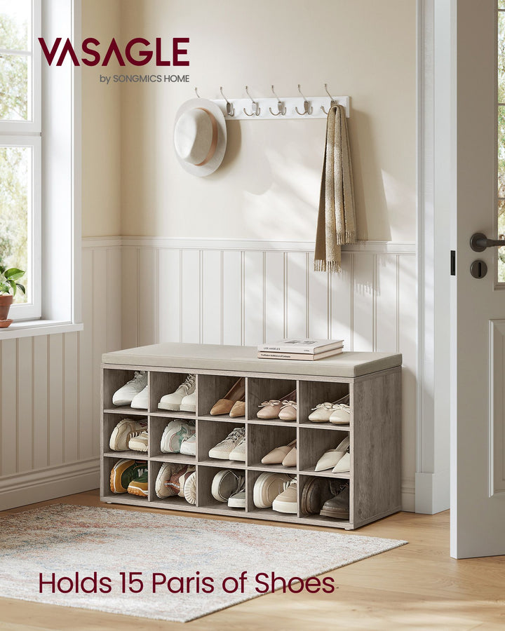 Shoe Bench with Cushion,15 Compartments - Heather Greige
