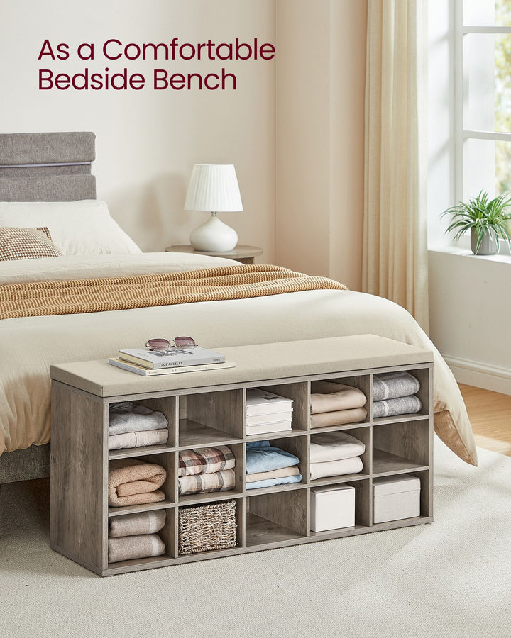 Shoe Bench with Cushion,15 Compartments - Heather Greige