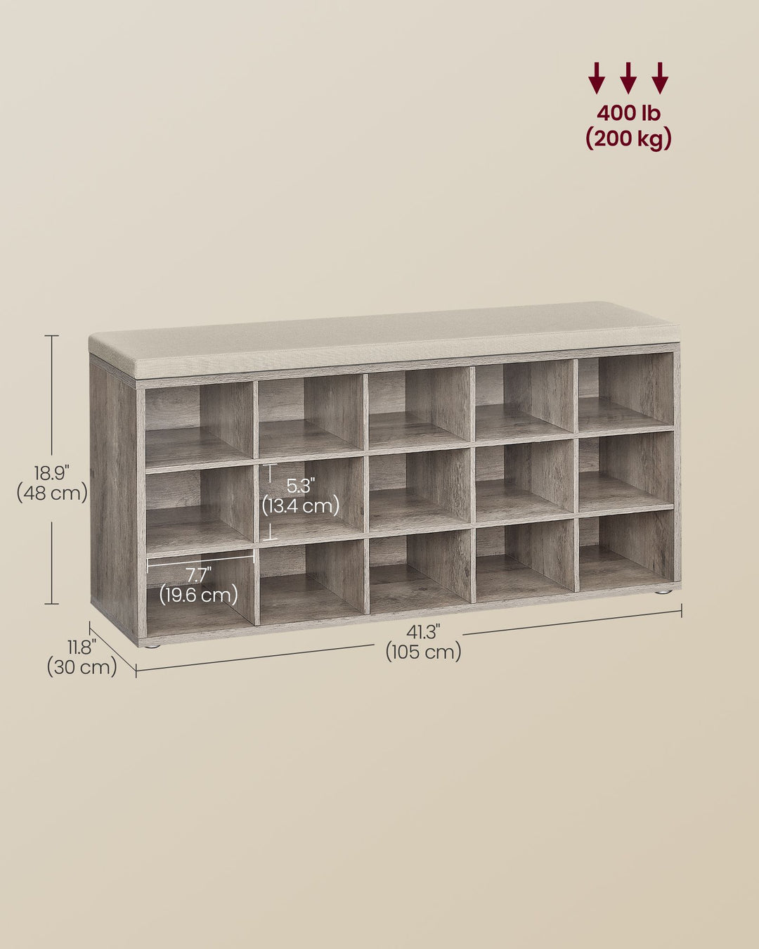 Shoe Bench with Cushion,15 Compartments - Heather Greige