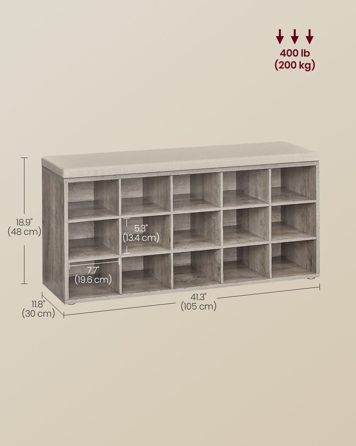 Shoe Bench with Cushion,15 Compartments - Heather Greige