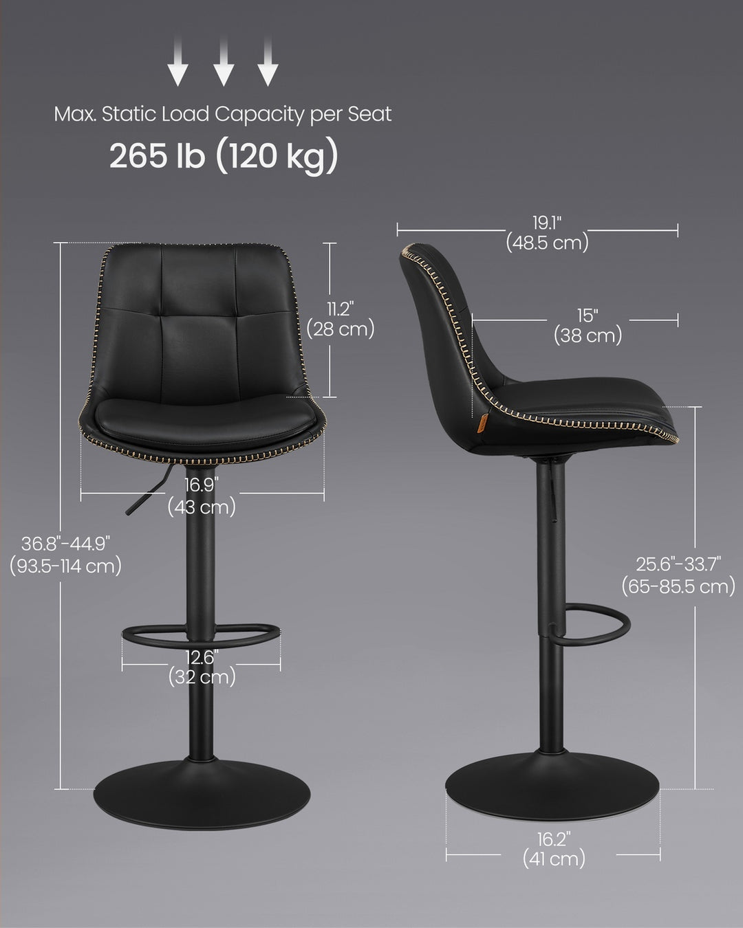 Set of 2 Bar Stools with Backrests and Footrests Ink Black