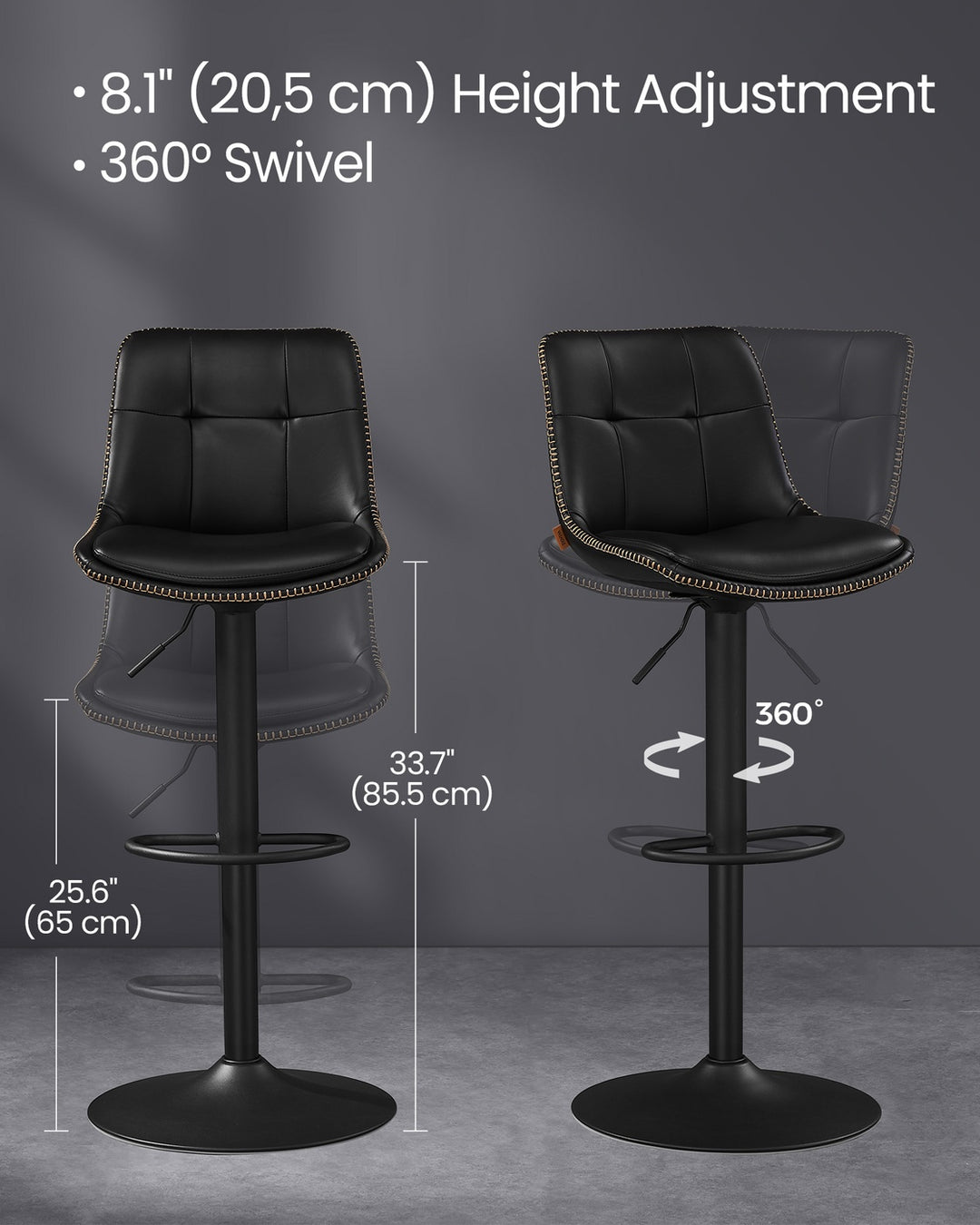 Set of 2 Bar Stools with Backrests and Footrests Ink Black