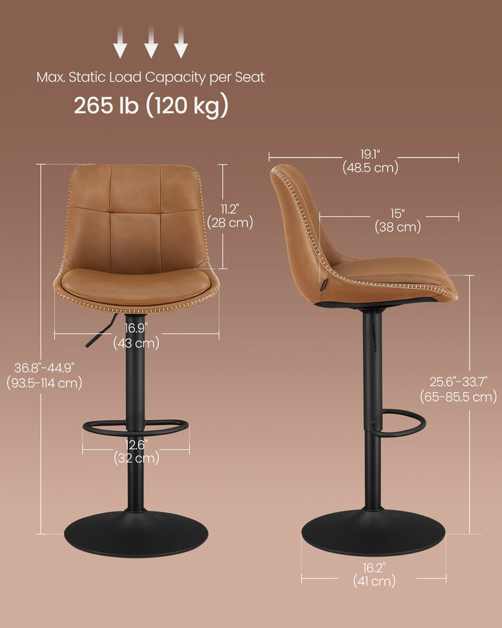 Set of 2 Bar Stools with Backrests and Footrests Caramel Brown