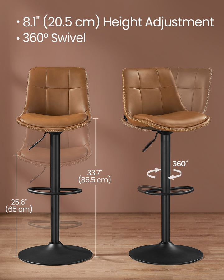 Set of 2 Bar Stools with Backrests and Footrests Caramel Brown